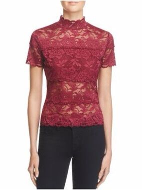 Guess Red  Floral Lace Mock-Neck Short Sleeve Top